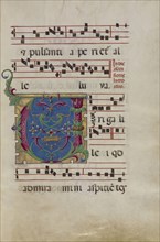 Decorated Initial V; Rome, Lazio, Italy; late 15th or early 16th century; Tempera colors, gold leaf, and ink on parchment bound