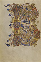 Inhabited Initial B; Montecassino, Italy; 1153; Tempera colors, gold leaf, gold paint, and ink on parchment; Leaf: 19.2 x 13.2