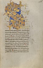 Inhabited Initial S; Montecassino, Italy; 1153; Tempera colors, gold leaf, gold paint, and ink on parchment; Leaf: 19.2 x 13.2