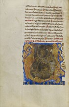 Inhabited Initial U; Montecassino, Italy; 1153; Tempera colors, gold leaf, gold paint, and ink on parchment; Leaf: 19.2 x 13.2