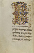 Inhabited Initial B; Montecassino, Italy; 1153; Tempera colors, gold leaf, gold paint, and ink on parchment; Leaf: 19.2 x 13.2