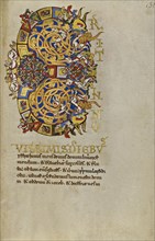 Inhabited Initial E; Montecassino, Italy; 1153; Tempera colors, gold leaf, gold paint, and ink on parchment; Leaf: 19.2 x 13.2