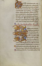 Decorated Initial O; Inhabited Initial E; Montecassino, Italy; 1153; Tempera colors, gold leaf, gold paint, and ink on parchment