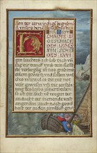 Border with Jonah Cast into the Sea; Simon Bening, Flemish, about 1483 - 1561, Bruges, Belgium; about 1525 - 1530; Tempera