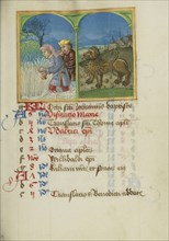 Reaping; Zodiacal Sign of Leo; Strasbourg, France; early 16th century; Tempera colors on parchment; Leaf: 13.5 x 10.5 cm