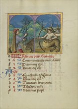 November Calendar Page; Gathering Acorns for Pigs; Sagittarius; Strasbourg, France; early 16th century; Tempera colors on