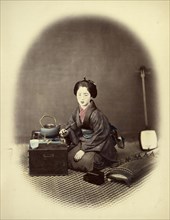 Young Lady, with Pipe; Felice Beato, 1832 - 1909, Japan; 1866 - 1867; Hand-colored Albumen silver print