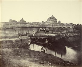 The Bridge of Boats Over the Gomti River Near the Chutter Munzil, with the Fared Buksh Palace; Felice Beato English, born Italy