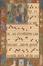 Initial I: The Virgin and Child with the Gentleman from Cologne; Toledo, Spain; about 1500 - 1510; Tempera colors, gold, and ink