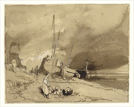 Fishing Boats on a Beach, Storm Clouds in the Distance; Eugène Isabey, French, 1803 - 1886, France; about 1830; Brown wash