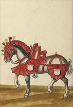 A Horse in Armor; Augsburg, probably, Germany; about 1560 - 1570; Tempera colors and gold and silver paint on paper bound