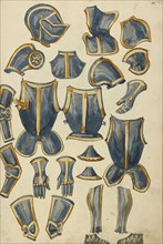 Armor; Augsburg, probably, Germany; about 1560 - 1570; Tempera colors and gold and silver paint on paper bound between original
