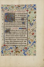 Decorated Text Page; Ghent, bound, Belgium; 1450s; Tempera colors, gold leaf, gold paint, and ink on parchment; Leaf: 26.4 x 18