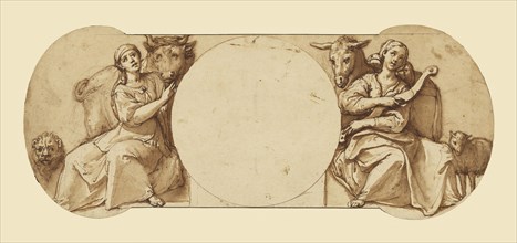 Allegories of Fortitude and Patience; Federico Zuccaro, Italian, about 1541 - 1609, about 1595; Pen and brown ink, brush with
