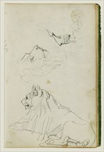 Seated Lion, Two Lion Head Studies; Théodore Géricault, French, 1791 - 1824, 1812 - 1814; Graphite; 15.2 x 10.6 cm