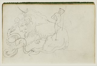 Lion Attacking a Snake over Nude Figure Study; Théodore Géricault, French, 1791 - 1824, 1812 - 1814; Graphite; 15.2 x 10.6 cm