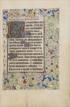 Decorated Text Page; Bruges, illuminated, Belgium; 1450s; Tempera colors, gold leaf, gold paint, and ink on parchment