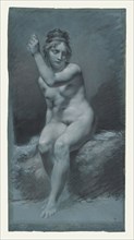 Study of a Female Nude; Pierre-Paul Prud'hon, French, 1758 - 1823, about 1800; Black and white chalk with stumping on blue