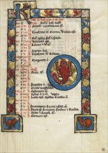 Zodiacal Sign of Cancer; Engelberg, Switzerland; third quarter of 13th century; Tempera colors and gold leaf on parchment