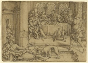 Lazarus Begging for Crumbs from Dives's Table; Heinrich Aldegrever, German, 1502 - about 1561, 1552; Pen and brown ink, brown