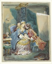 A Couple Embracing in an Artist's Studio; Eugène Louis Lami, French, 1800 - 1890, 1881; Watercolor over traces of black chalk