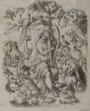 Orpheus Charming the Animals; Josias Murer II, Swiss, 1564 - 1630, about 1600; Black ink and brown wash on paper; 22.9 x 18.6