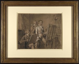 Three Young Artists in a Studio; Louis-Léopold Boilly, French, 1761 - 1845, about 1820; Black chalk with white chalk