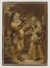 Moralizing Scene with an Old Woman and a Man; Adriaen van de Venne, Dutch, 1589 - 1662, 1631; Oil on paper; 16.7 x 11.4 cm