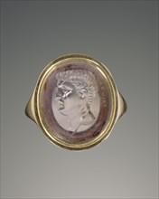 Head of Marc Antony; Signed by Gnaios; gem about 40 - 20 B.C; ring 19th century A.D. or later; Amethyst set in a modern gold
