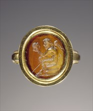Gem Engraved with Pan Gazing at a Mask; Roman Empire; 1st century; Carnelian; 1.1 cm, 7,16 in