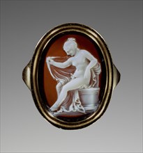 Cameo set into a modern ring; Attributed to Protarchos; 100-1 B.C; Sardonyx set in modern gold ring; 1.8 cm