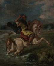 Moroccan Horseman Crossing a Ford; Eugène Delacroix, French, 1798 - 1863, France; about 1850; Oil on canvas; 46 x 38.1 cm