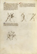 Combat with Dagger and Staff; Padua, Italy; about 1410; Tempera colors, gold leaf, silver leaf, and ink on parchment