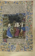 Young Men and Women Outdoors; France; about 1460 - 1470; Tempera colors, gold leaf, gold paint, and ink on parchment