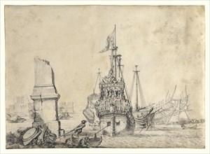 A Ship in a Port with a Ruined Obelisk; Pierre Puget, French, 1620 - 1694, 1675 - 1680; Pen and black ink and black chalk