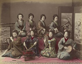 Playing Samisen, Tsudzumi, Fuye and Taiko; Kusakabe Kimbei, Japanese, 1841 - 1934, active 1880s - about 1912, Japan; 1870s