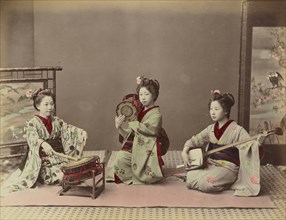 Girls Playing Samisen and Fluya; Kusakabe Kimbei, Japanese, 1841 - 1934, active 1880s - about 1912, Japan; 1870s - 1890s