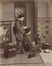 Hair Dressing; Kusakabe Kimbei, Japanese, 1841 - 1934, active 1880s - about 1912, Japan; 1870s - 1890s; Hand-colored Albumen