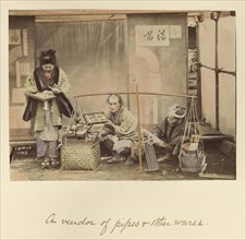 A vendor of pipes and other wares; Shinichi Suzuki, Japanese, 1835 - 1919, Japan; about 1873 - 1883; Hand-colored Albumen