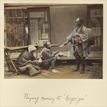 Paying money to kago-ya; Shinichi Suzuki, Japanese, 1835 - 1919, Japan; about 1873 - 1883; Hand-colored Albumen silver print