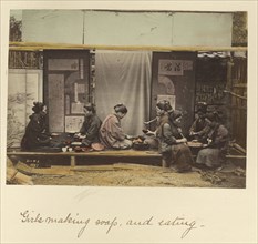Girls making soap, and eating; Shinichi Suzuki, Japanese, 1835 - 1919, Japan; about 1873 - 1883; Hand-colored Albumen silver