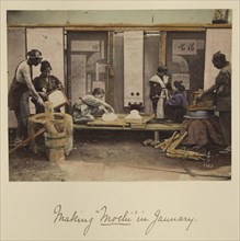 Making Mochi in January; Shinichi Suzuki, Japanese, 1835 - 1919, Japan; about 1873 - 1883; Hand-colored Albumen silver print