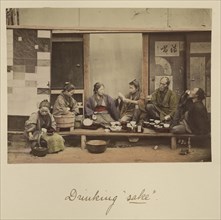 Drinking sake; Shinichi Suzuki, Japanese, 1835 - 1919, Japan; about 1873 - 1883; Hand-colored Albumen silver print