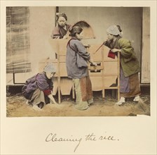 Cleaning the rice; Shinichi Suzuki, Japanese, 1835 - 1919, Japan; about 1873 - 1883; Hand-colored Albumen silver print
