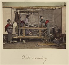 Girls Weaving; Shinichi Suzuki, Japanese, 1835 - 1919, Japan; about 1873 - 1883; Hand-colored Albumen silver print