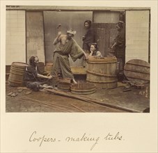 Coopers - Making Tubs; Shinichi Suzuki, Japanese, 1835 - 1919, Japan; about 1873 - 1883; Hand-colored Albumen silver print