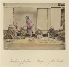 Making Paper - Preparing the Bark; Shinichi Suzuki, Japanese, 1835 - 1919, Japan; about 1873 - 1883; Hand-colored Albumen