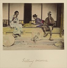 Selling Cocoons; Shinichi Suzuki, Japanese, 1835 - 1919, Japan; about 1873 - 1883; Hand-colored Albumen silver print