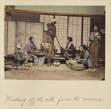 Winding Off the Silk From the Cocoons; Shinichi Suzuki, Japanese, 1835 - 1919, Japan; about 1873 - 1883; Hand-colored Albumen