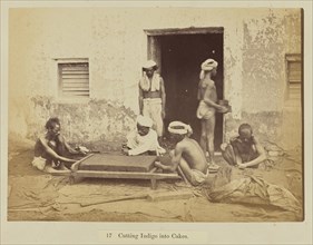 Cutting Indigo into Cakes; Oscar Mallitte, British, about 1829 - 1905, active Allahabad, India 1870s, Allahabad, India; 1877
